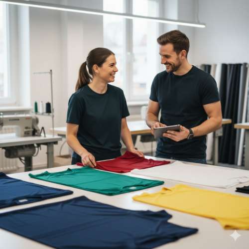 Team discussing designs