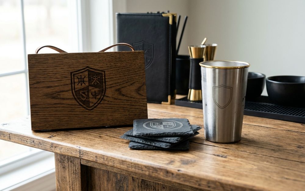 Laser engraved wooden plaque, slate coasters and steel tumbler